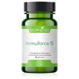 Pilulier de 30 gélules de Biophénix Immuforce 15, probiotique naturel conçu pour l’équilibre du système immunitaire et de la flore intestinale