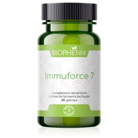 Pilulier de 30 gélules de Biophénix Immuforce 7, complément alimentaire probiotique naturel pour l’équilibre du microbiote (flore intestinale) et favoriser la gestion des troubles intestinaux.