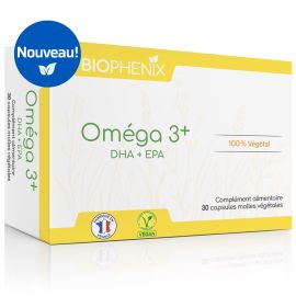 Boite de 30 capsules molles d’oméga-3 DHA et EPA naturel végétal vegan, face avant