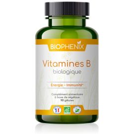 Pilulier de 90 gélules de vitamines B (B1, B2, B3, B5, B6, B8, B9, B12) naturelles biologiques vegans