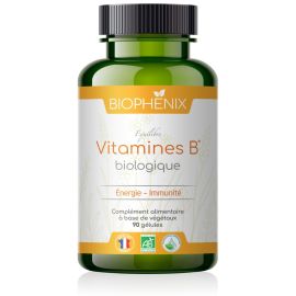 Pilulier de 90 gélules de vitamines B (B1, B2, B3, B5, B6, B8, B9, B12) naturelles biologiques vegans