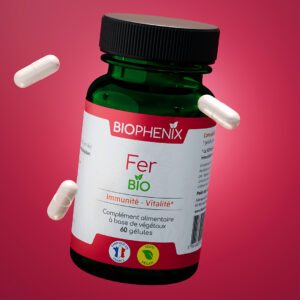 Pilulier de 60 gélules de complément alimentaire fer naturel biologique