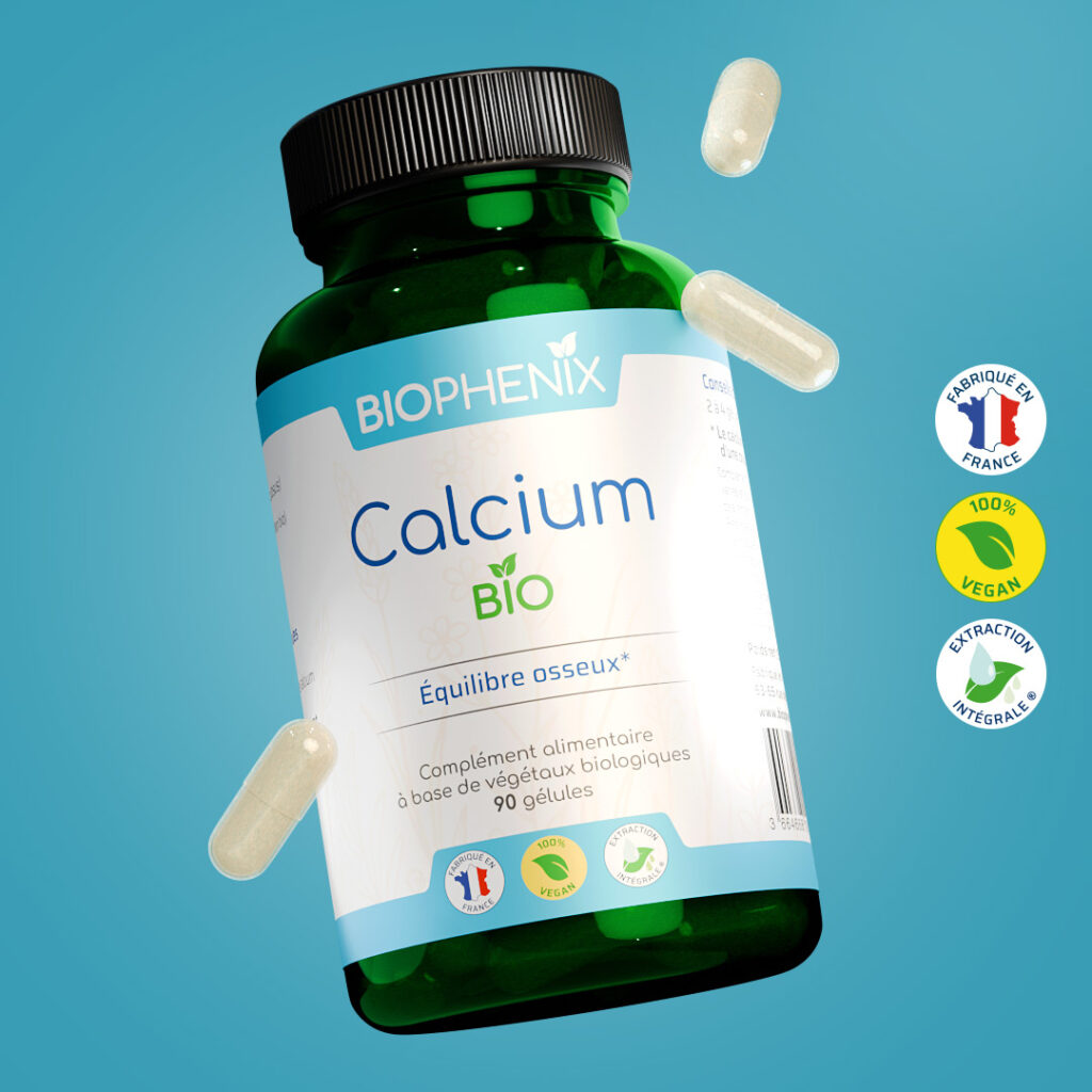 Pilulier de 90 gélules de calcium végétal naturel biologique pour des os et des dents solides et apaiser crampes et spasmes.