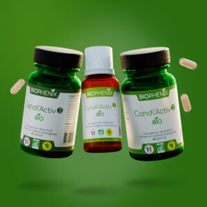 Flacon de 30 ml et 2 Piluliers de 60 gélules de complément alimentaire naturel biologique pour lutter contre le candida albicans : 3 protocole.