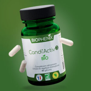 Pilulier de 60 gélules de complément alimentaire naturel biologique pour lutter contre le candida albicans : 3 sur 3 du protocole.