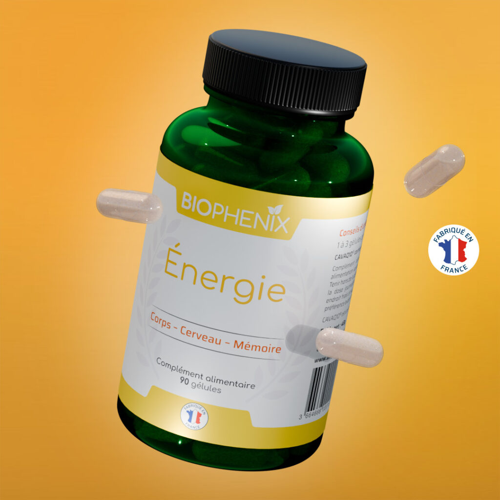 Pilulier de 90 gélules de complément alimentaire naturel pour l'énergie, contre la fatigue chronique