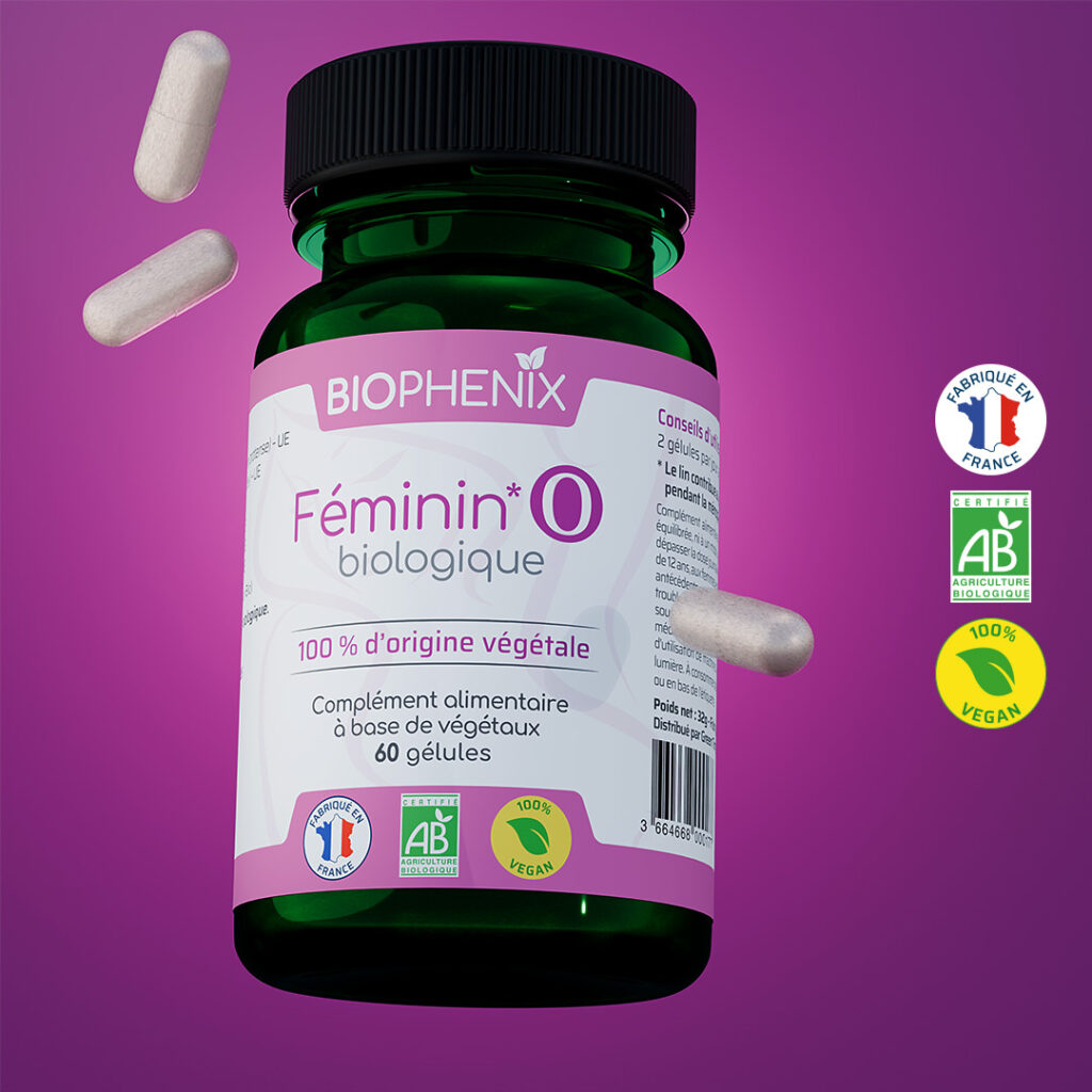 Pilulier de 60 gélules de complément alimentaire naturel, oestrogène naturel biologique pour favoriser l’équilibre hormonal