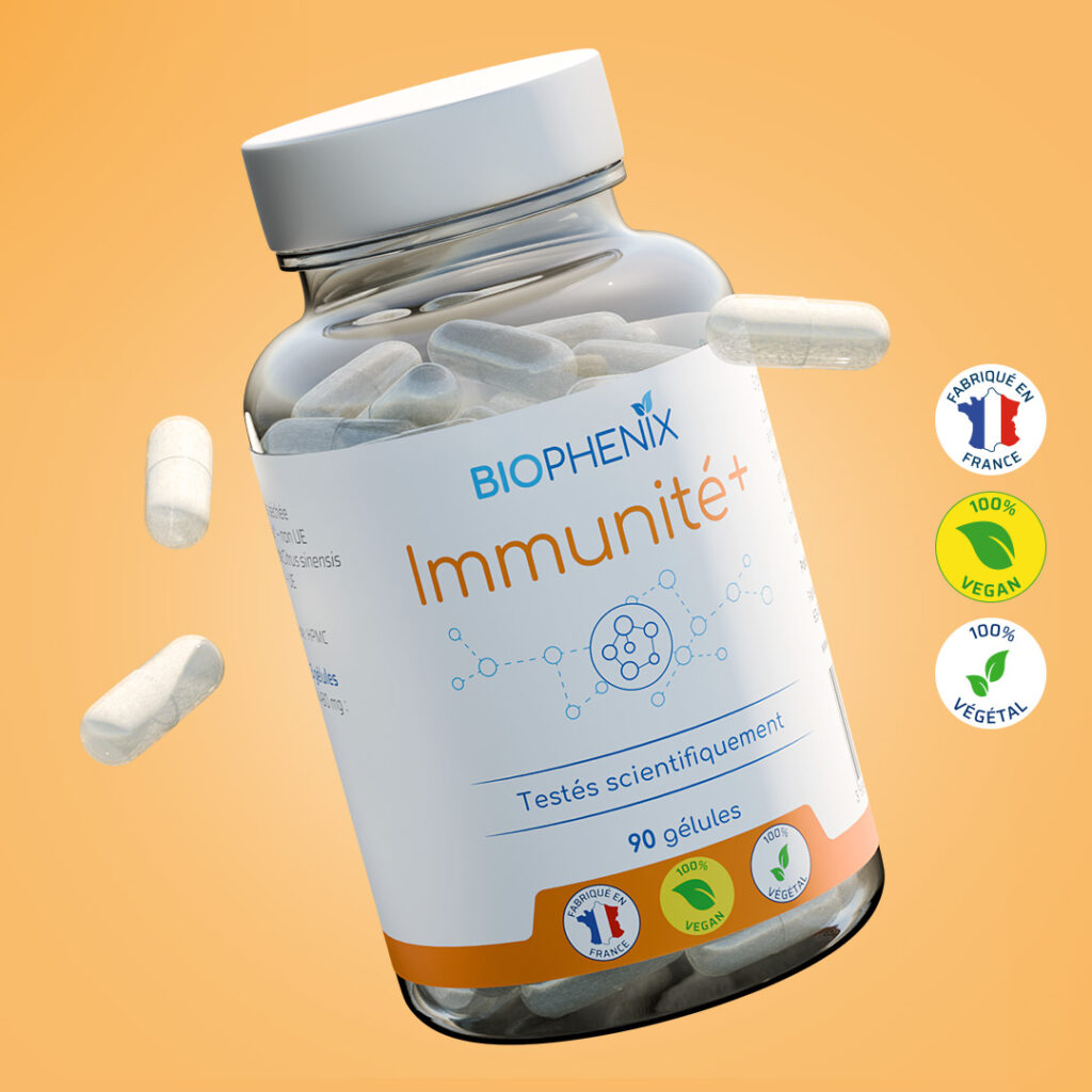 Pilulier de 90 gélules de Biophénix Immunité Plus, complément alimentaire naturel pour la santé immunitaire et le microbiote