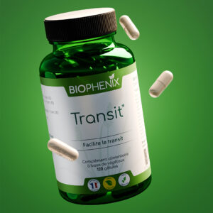 Pilulier de 120 gélules de complément alimentaire pour réguler le transit, limiter les ballonnements et équilibrer la flore intestinale.