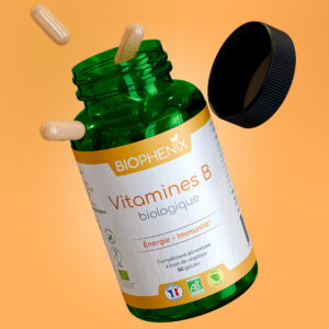 Pilulier de 90 gélules de vitamines B (B1, B2, B3, B5, B6, B8, B9, B12) naturelles biologiques vegans