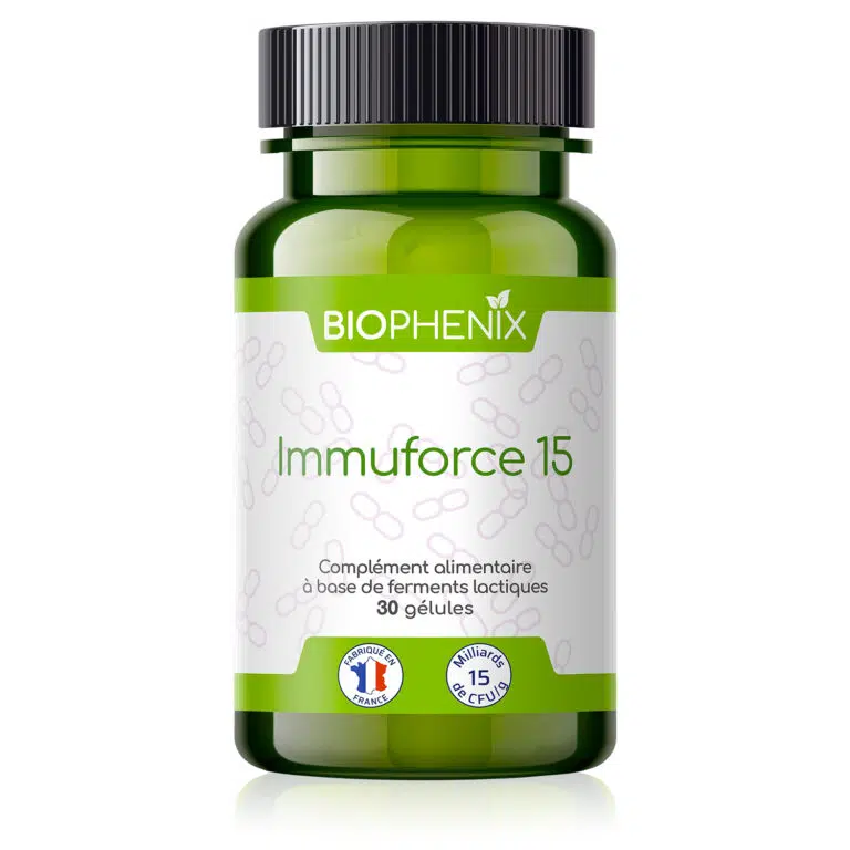Pilulier de 30 gélules de Biophénix Immuforce 15, probiotique naturel conçu pour l’équilibre du système immunitaire et de la flore intestinale