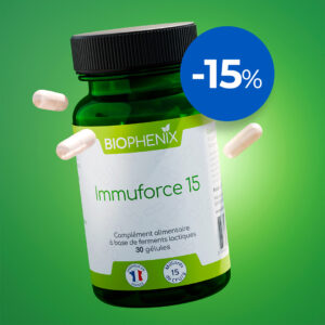 Pilulier de 30 gélules de Biophénix Immuforce 15, probiotique naturel conçu pour l’équilibre du système immunitaire et de la flore intestinale