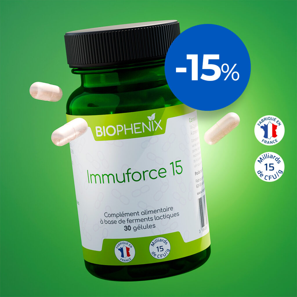 Pilulier de 30 gélules de Biophénix Immuforce 15, probiotique naturel conçu pour l’équilibre du système immunitaire et de la flore intestinale
