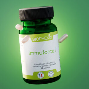Pilulier de 30 gélules de Biophénix Immuforce 7, complément alimentaire probiotique naturel pour l’équilibre du microbiote (flore intestinale) et favoriser la gestion des troubles intestinaux.