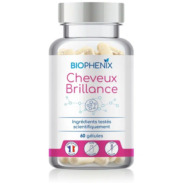 Pilulier de 60 gélules de complément alimentaire naturel spécial cheveux brillance et anti-chute