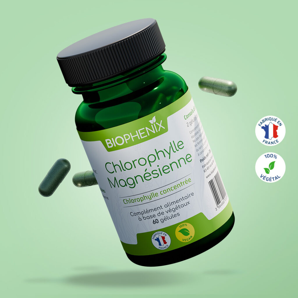 Pilulier de 60 gélules de complément alimentaire chlorophylle magnésienne