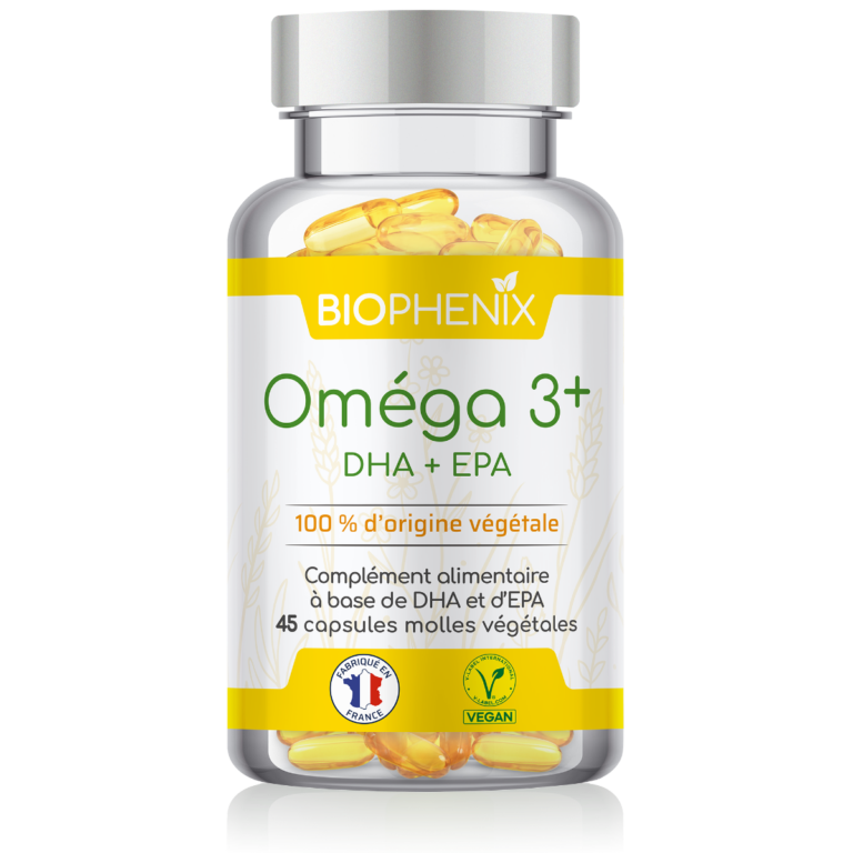 Pilulier de 45 capsules molles d’oméga-3 DHA et EPA naturel végétal vegan,