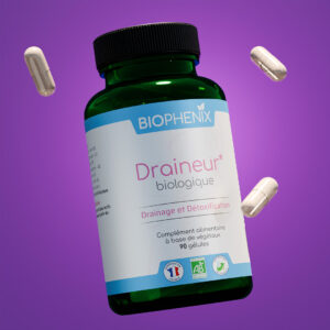 Pilulier de 90 gélules de complément alimentaire à la base végétaux pour le drainage, l'élimination des toxines et le renforcement des parois veineuses