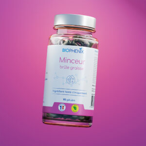 Pilulier de 90 gélules de complément alimentaire pour activer la combustion des graisses et bloquer leur stockage.